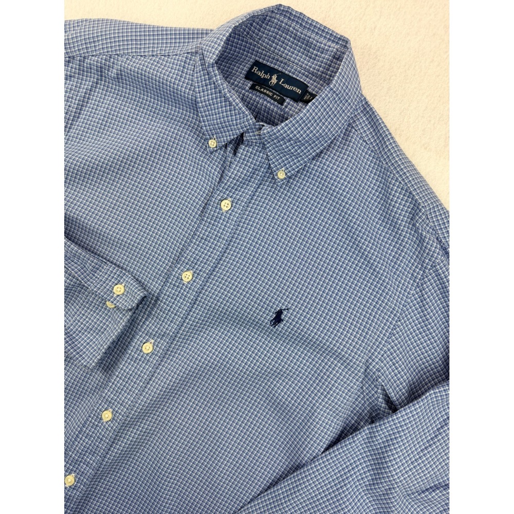 Ralph Lauren Classic Fit Blue White Micro Houndstooth Button Down Shirt Mens L